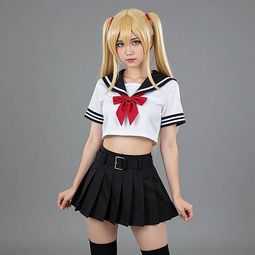 CGI image of a blonde anime-style girl in a white sailor crop top, red bow, black pleated skirt, thigh-high socks, gray background