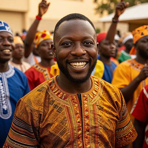 Photograph of a smiling African man with dark skin, short hair, and beard, wearing an orange, patterned traditional shirt, surrounded by a diverse