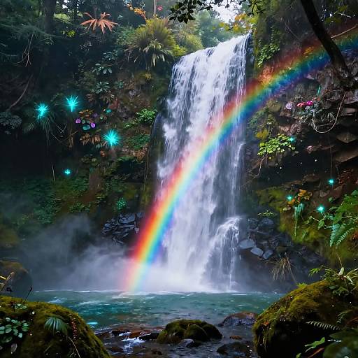 Mystical Forest Waterfall with Rainbow