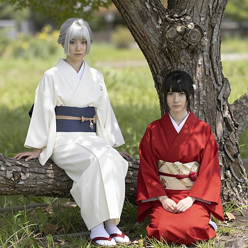 Two Women in Traditional Japanese Kimono Outdoors