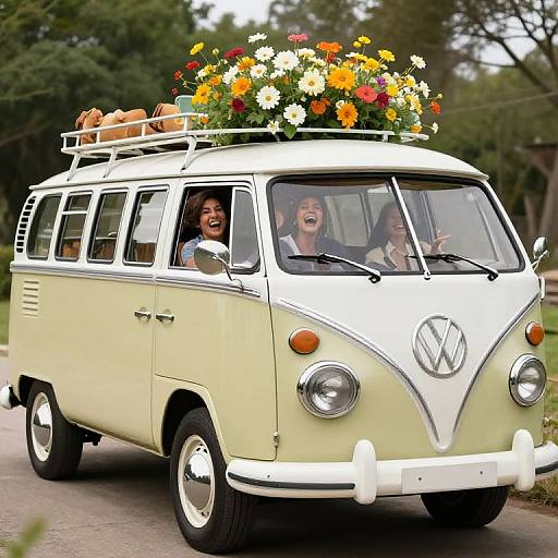 Photograph of a vintage, cream-colored Volkswagen camper van with flower-laden roof, driven by a smiling couple, surrounded by trees.