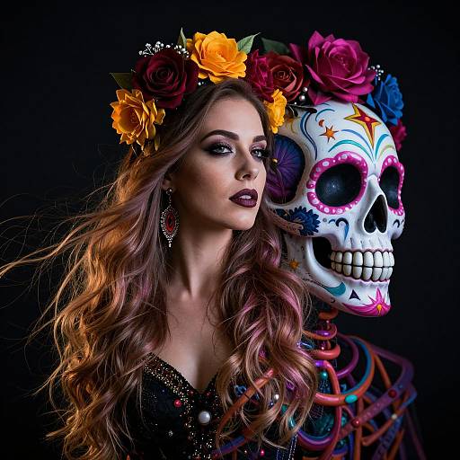 Photograph of a woman with long wavy brown hair, wearing a colorful sugar skull and flower crown, dark lipstick, black dress, against a black