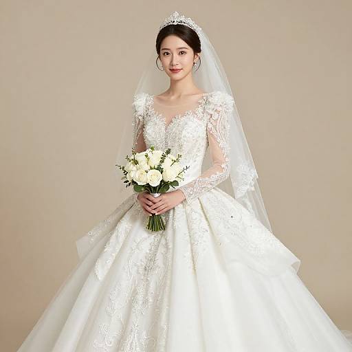 Photograph of a beautiful Asian bride in a white lace wedding dress with long sleeves, holding a bouquet of white flowers, wearing a delicate tiara and