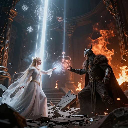 Digital artwork: White-robed, crowned woman with glowing blue orb confronts dark armored, fur-collared warrior with fiery background and broken debris.