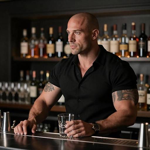 Muscular Bartender with Tattooed Arms