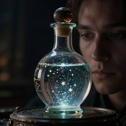 Photograph of a glowing, star-filled glass bottle with a cork stopper, illuminated in dark, with a focused, intense man's face in the