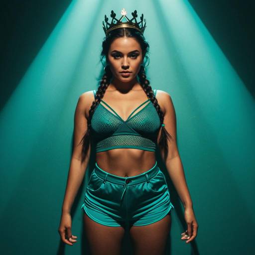 Woman in Teal Outfit with Crown Under Spotlight