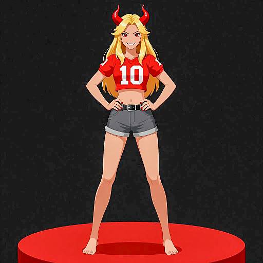 Confident Female Character with Red Horns