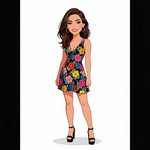 Digital illustration of a smiling woman with long brown hair, wearing a colorful floral dress, black high heels, and hoop earrings, standing against a white background