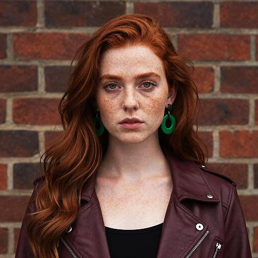 Photograph of a fair-skinned, freckled redheaded woman with long wavy hair, wearing a black top, dark leather jacket, and