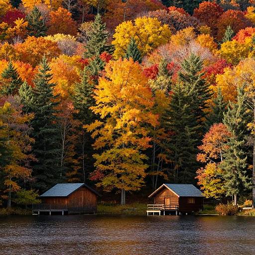 Photograph of two wooden cabins by a lake, surrounded by vibrant autumn trees with bright yellow, orange, and red foliage.