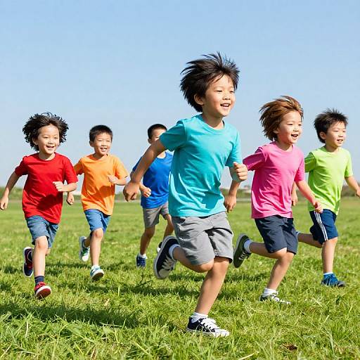 Photograph of six Asian children with spiky hair, running joyfully on a sunny green grass field, wearing colorful T-shirts and shorts.