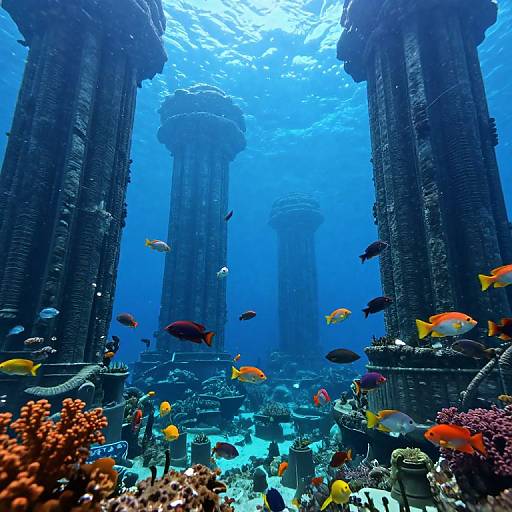 Underwater Metropolis with Vibrant Fish