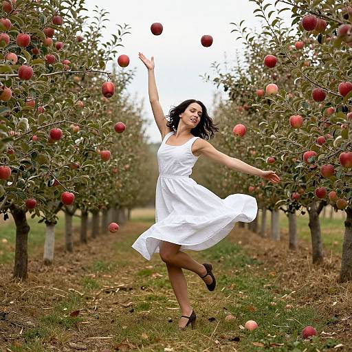 Photograph of a smiling, dark-haired woman in a white dress, joyfully jumping and catching apples in an orchard row.