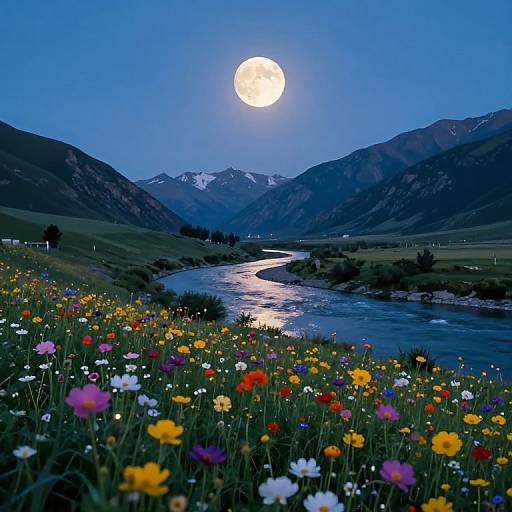 Moonlit landscape with full moon over snow-capped mountains, colorful wildflowers in foreground, and a winding river reflecting moonlight.