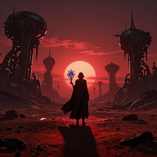 Solitary Figure on Alien Terrain at Sunset