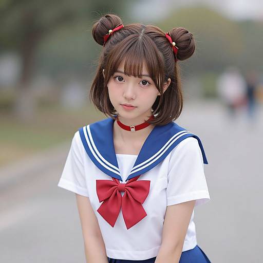 Photograph of an Asian girl with brown hair in double buns, wearing a blue sailor school uniform, red bow, and choker, standing on