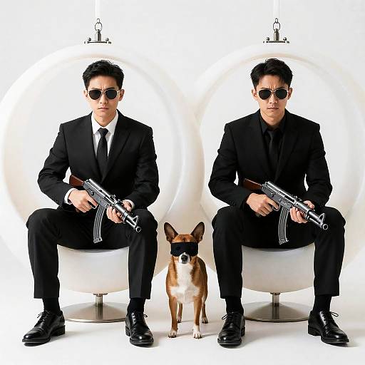 Intense Duo in Black Suits with Dog