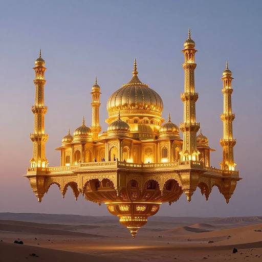 Photograph of a golden, floating Mughal-style palace with multiple domes and minarets, illuminated against a twilight desert sky.