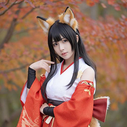 Digital artwork of an Asian woman in a red and white kimono with fox ears and tail, set against an autumn forest.