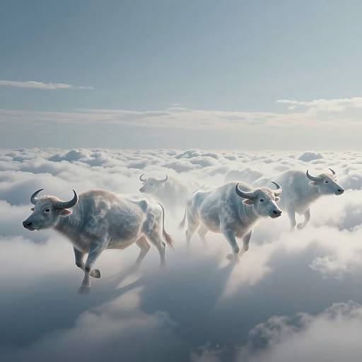 Photorealistic digital art of three white bulls with curved horns walking through a sea of fluffy clouds under a bright blue sky.