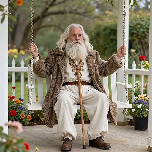 Boy Dressed as Old Man in Garden