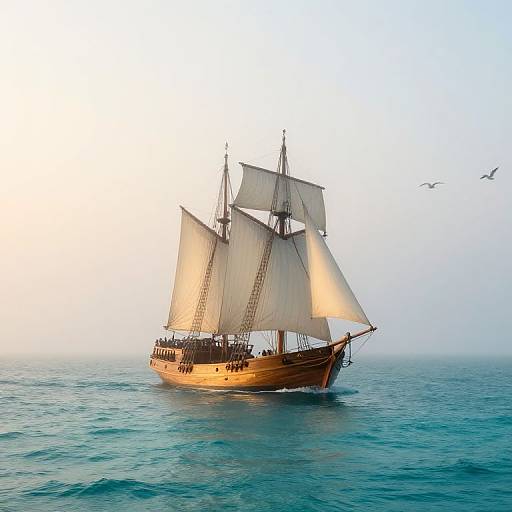 Photograph of a golden-hulled, three-masted pirate ship with billowing white sails sailing on calm, blue ocean at sunrise, with two birds