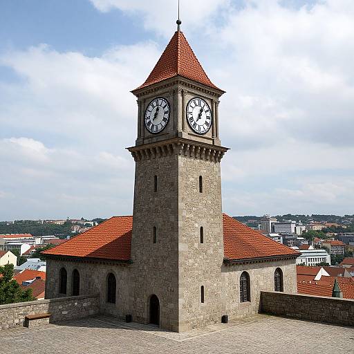 Photograph of a tall, stone clock tower with red roof, black clock face, and surrounding historic stone building, set against a cloudy sky and distant