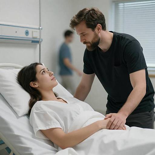 Man Comforting Woman in Hospital Bed