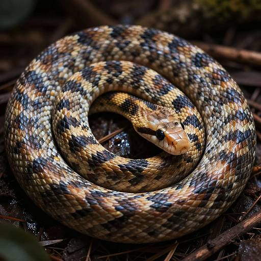 Photograph of a coiled, patterned snake with black, white, and brown scales, resting on dark, textured ground.