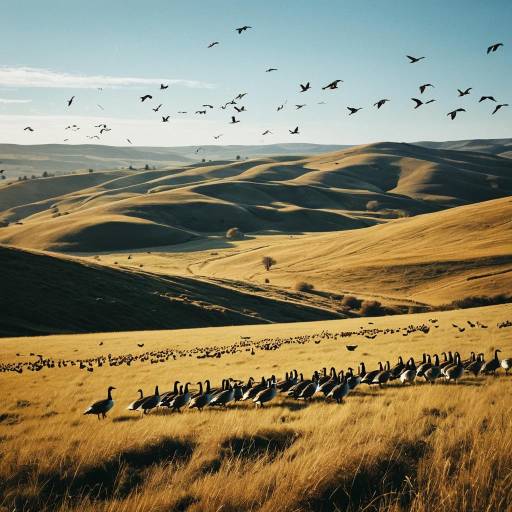 Flocking Geese on Golden Rolling Hills
