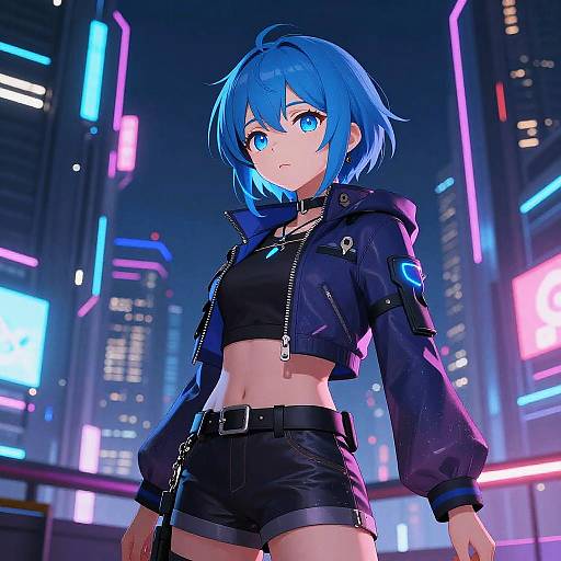 Digital anime-style artwork of a blue-haired girl with bright blue eyes, wearing a black crop top, leather jacket, and shorts, standing in a neon