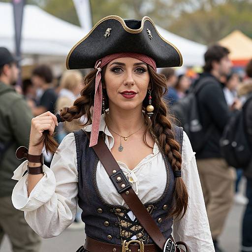 Photograph of a woman in a pirate costume with braided brown hair, black tricorn hat, white shirt, and black vest, holding her hair