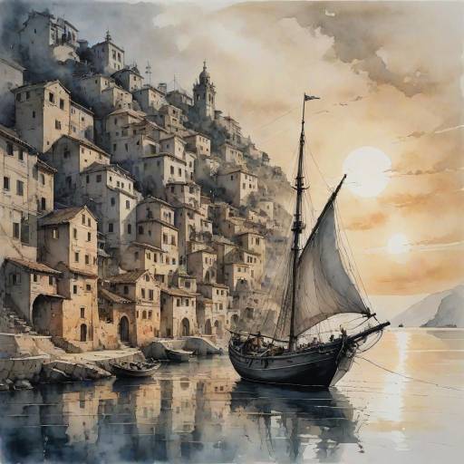 Mediterranean Coastal Village Sunset