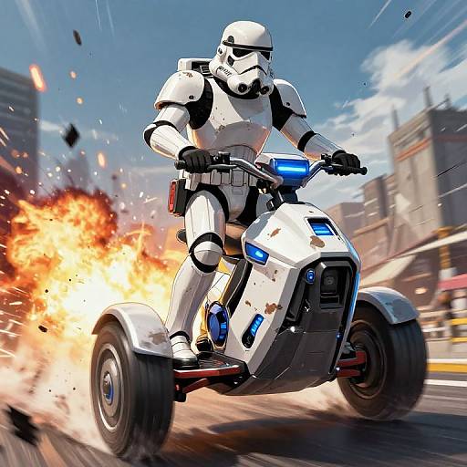 Digital artwork of a white Stormtrooper riding a high-tech white scooter, speeding through a cityscape with an explosion behind.