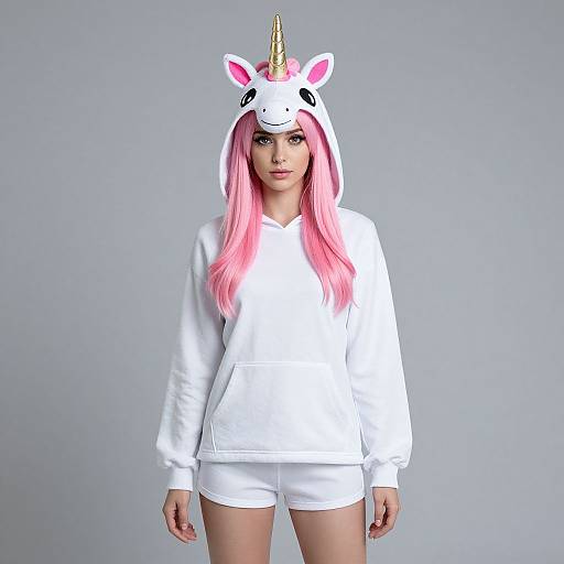 Photograph of a woman with long pink hair, wearing a white unicorn hooded sweatshirt and shorts, featuring a white unicorn hat with a golden horn