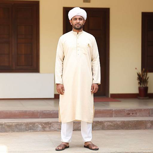 Photograph of a South Asian man with dark skin, white beard, wearing a white kurta, white pants, white cap, and brown shoes,