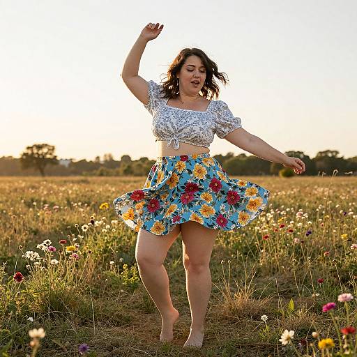 Photograph of a joyful, curvy woman with dark hair, wearing a white lace crop top and a blue floral skirt, dancing barefoot in a