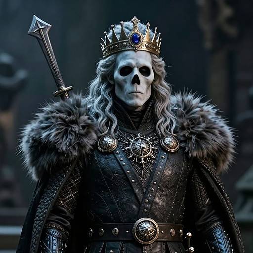 Photorealistic CGI of a white-skulled, long-haired king wearing a silver crown with blue gem, fur-trimmed black armor, and a