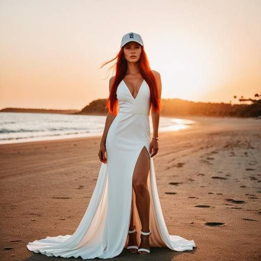 Woman in Elegant White Gown on Beach at Sunset