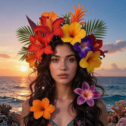 Photograph of a young woman with long, wavy dark hair wearing a vibrant flower crown of red, yellow, purple, and orange hibisc