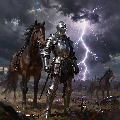 Digital artwork of a knight in shining armor standing with a horse, lightning illuminating a stormy battlefield, other horses in background.