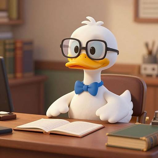 Digital CGI of a white duck with large black glasses and blue bowtie, sitting at a wooden desk, reading a book. Background includes blurred booksh