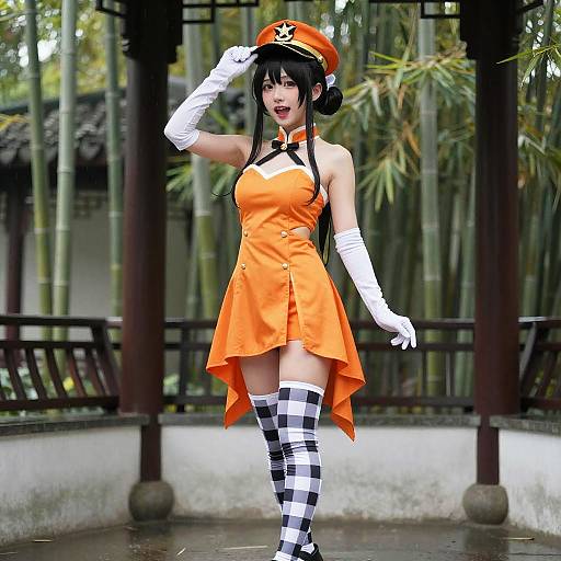 Digital anime-style photograph of a black-haired woman in an orange military-inspired dress, white gloves, black-and-white striped stockings, and orange cap, standing