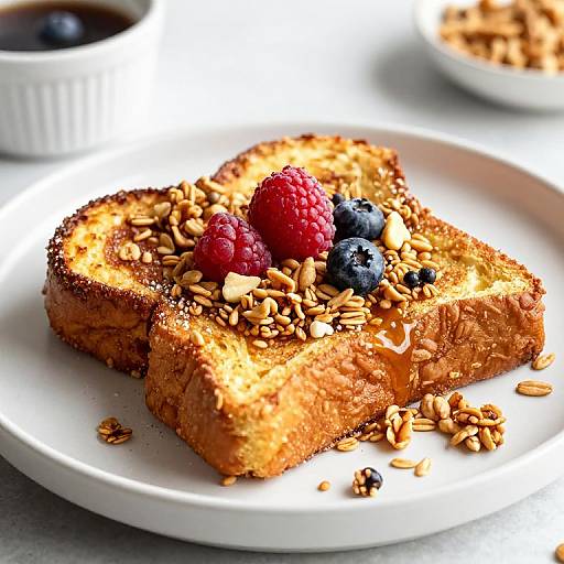 Photograph of golden-brown, crumb-topped toast squares topped with fresh raspberries, blueberries, and chopped nuts on a white plate.