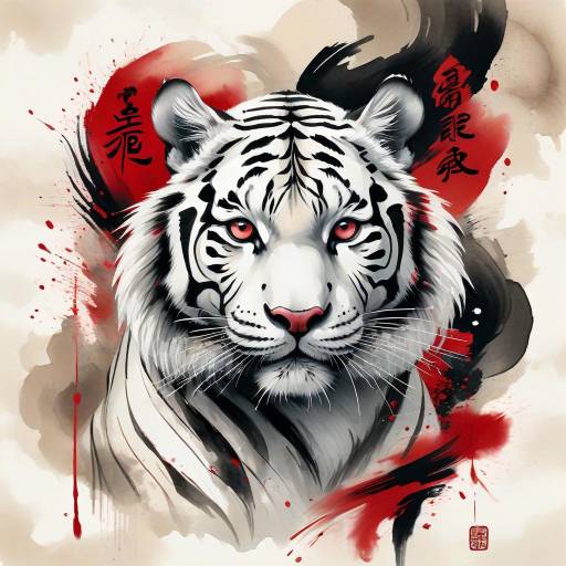 Majestic White Tiger in Ink Wash Art