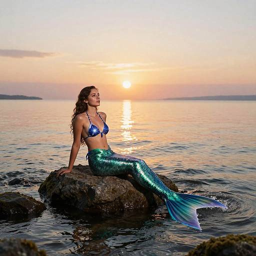 Mermaid at Sunset on Rocky Shore