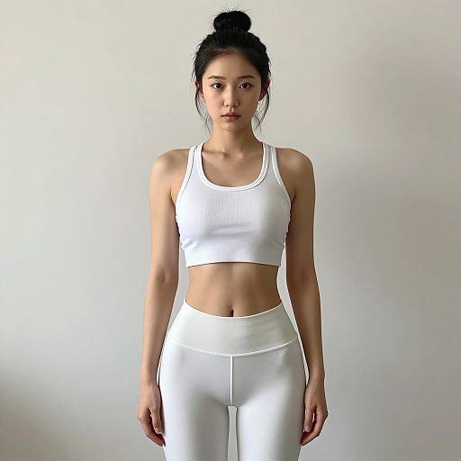 Photograph of an East Asian woman with black hair in a bun, wearing a white sports bra and high-waisted leggings, standing against a plain
