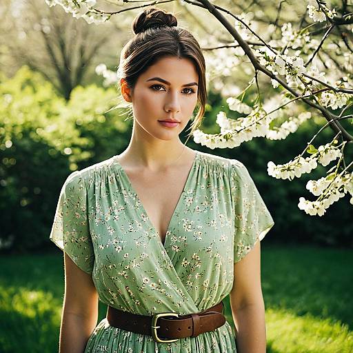 Serene Spring Fashion in Blooming Garden