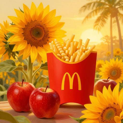 Photograph of a bright red McDonald's French fry container with yellow fries, surrounded by three red apples, sunflowers, and a sunlit background.